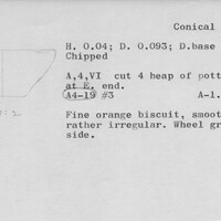 Index card with typed and handwritten information, sometimes including a sketch, of pottery from an excavation.