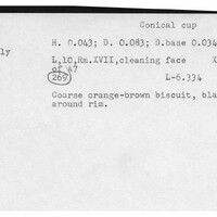 Index card with typed and handwritten information, sometimes including a sketch, of pottery from an excavation.