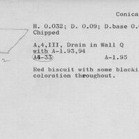 Index card with typed and handwritten information, sometimes including a sketch, of pottery from an excavation.