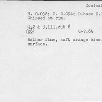 Index card with typed and handwritten information, sometimes including a sketch, of pottery from an excavation.