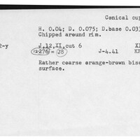 Index card with typed and handwritten information, sometimes including a sketch, of pottery from an excavation.