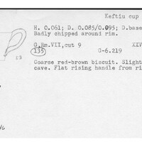 Index card with typed and handwritten information, sometimes including a sketch, of pottery from an excavation.