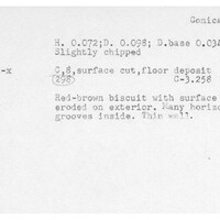 Index card with typed and handwritten information, sometimes including a sketch, of pottery from an excavation.