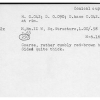 Index card with typed and handwritten information, sometimes including a sketch, of pottery from an excavation.