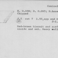 Index card with typed and handwritten information, sometimes including a sketch, of pottery from an excavation.