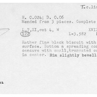 Index card with typed and handwritten information, sometimes including a sketch, of pottery from an excavation.