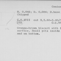 Index card with typed and handwritten information, sometimes including a sketch, of pottery from an excavation.
