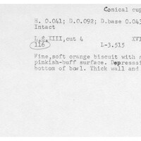 Index card with typed and handwritten information, sometimes including a sketch, of pottery from an excavation.