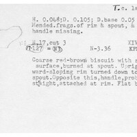 Index card with typed and handwritten information, sometimes including a sketch, of pottery from an excavation.