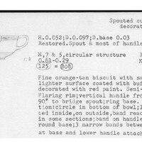 Index card with typed and handwritten information, sometimes including a sketch, of pottery from an excavation.