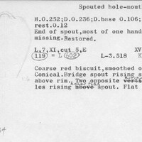 Index card with typed and handwritten information, sometimes including a sketch, of pottery from an excavation.
