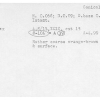 Index card with typed and handwritten information, sometimes including a sketch, of pottery from an excavation.