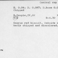 Index card with typed and handwritten information, sometimes including a sketch, of pottery from an excavation.