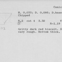 Index card with typed and handwritten information, sometimes including a sketch, of pottery from an excavation.