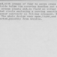 Index card with typed and handwritten information, sometimes including a sketch, of pottery from an excavation.