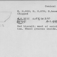 Index card with typed and handwritten information, sometimes including a sketch, of pottery from an excavation.