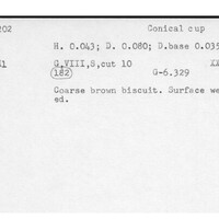Index card with typed and handwritten information, sometimes including a sketch, of pottery from an excavation.