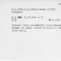 Index card with typed and handwritten information, sometimes including a sketch, of pottery from an excavation.