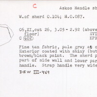 Index card with typed and handwritten information, sometimes including a sketch, of pottery from an excavation.