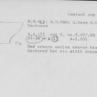 Index card with typed and handwritten information, sometimes including a sketch, of pottery from an excavation.