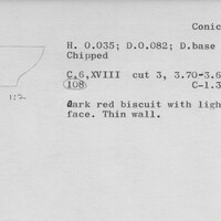 Index card with typed and handwritten information, sometimes including a sketch, of pottery from an excavation.