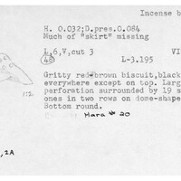 Index card with typed and handwritten information, sometimes including a sketch, of pottery from an excavation.