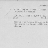 Index card with typed and handwritten information, sometimes including a sketch, of pottery from an excavation.
