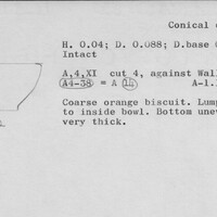 Index card with typed and handwritten information, sometimes including a sketch, of pottery from an excavation.