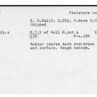 Index card with typed and handwritten information, sometimes including a sketch, of pottery from an excavation.