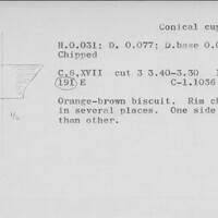 Index card with typed and handwritten information, sometimes including a sketch, of pottery from an excavation.