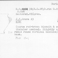 Index card with typed and handwritten information, sometimes including a sketch, of pottery from an excavation.