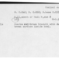 Index card with typed and handwritten information, sometimes including a sketch, of pottery from an excavation.