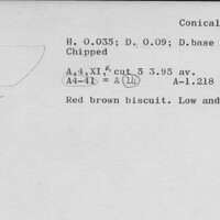Index card with typed and handwritten information, sometimes including a sketch, of pottery from an excavation.