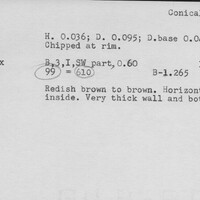 Index card with typed and handwritten information, sometimes including a sketch, of pottery from an excavation.