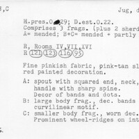 Index card with typed and handwritten information, sometimes including a sketch, of pottery from an excavation.