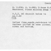 Index card with typed and handwritten information, sometimes including a sketch, of pottery from an excavation.