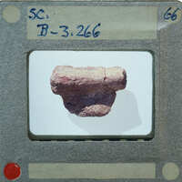 A close-up photograph of a rock specimen with a label and serial number, displayed on a film strip card.