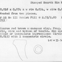 Index card with typed and handwritten information, sometimes including a sketch, of pottery from an excavation.
