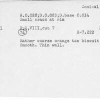Index card with typed and handwritten information, sometimes including a sketch, of pottery from an excavation.