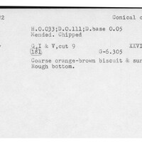 Index card with typed and handwritten information, sometimes including a sketch, of pottery from an excavation.