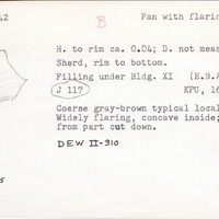 Index card with typed and handwritten information, sometimes including a sketch, of pottery from an excavation.