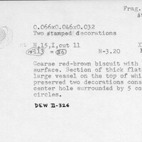 Index card with typed and handwritten information, sometimes including a sketch, of pottery from an excavation.