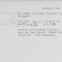 Index card with typed and handwritten information, sometimes including a sketch, of pottery from an excavation.