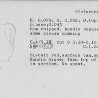 Index card with typed and handwritten information, sometimes including a sketch, of pottery from an excavation.