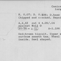 Index card with typed and handwritten information, sometimes including a sketch, of pottery from an excavation.