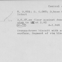 Index card with typed and handwritten information, sometimes including a sketch, of pottery from an excavation.