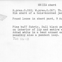Index card with typed and handwritten information, sometimes including a sketch, of pottery from an excavation.