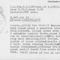 Index card with typed and handwritten information, sometimes including a sketch, of pottery from an excavation.