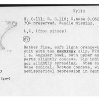 Index card with typed and handwritten information, sometimes including a sketch, of pottery from an excavation.