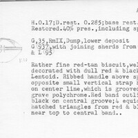 Index card with typed and handwritten information, sometimes including a sketch, of pottery from an excavation.